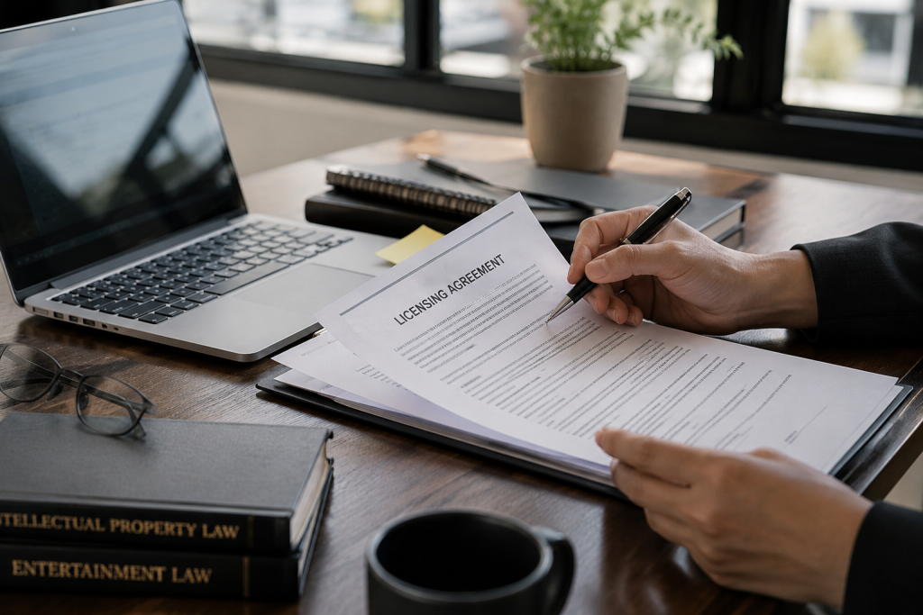 Professional reviewing a voice licensing agreement and contract terms