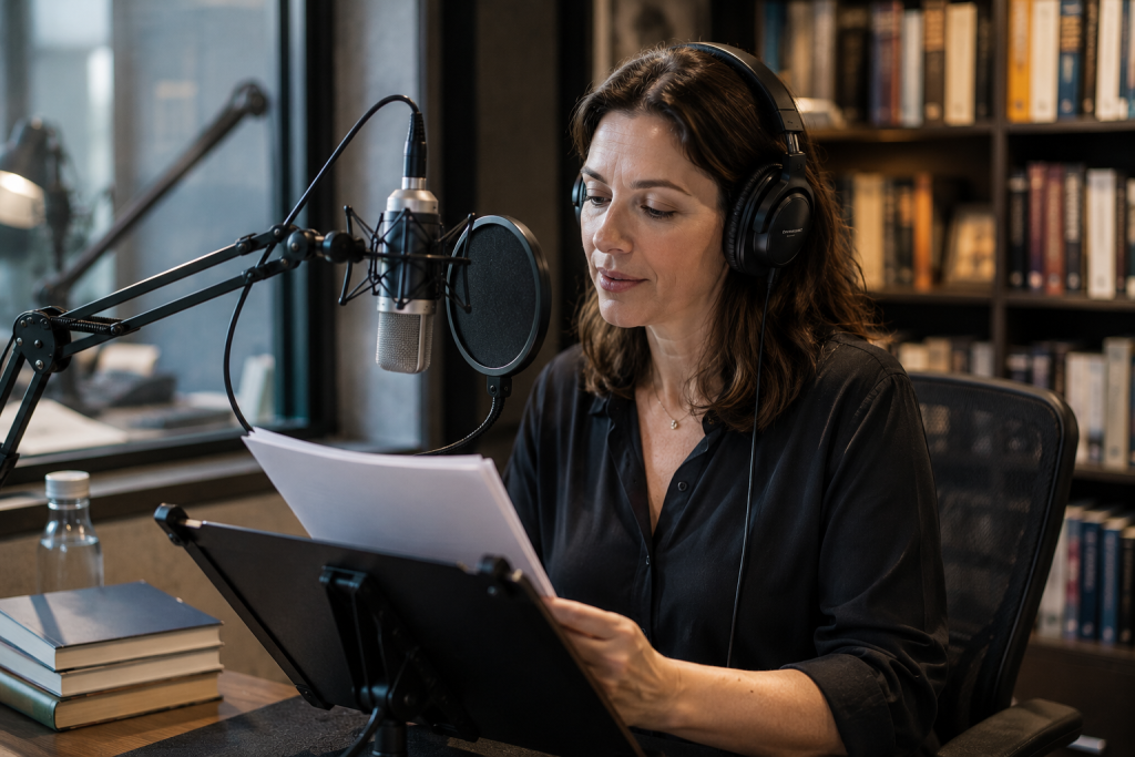Professional audiobook narrator recording audiobook narration in a studio