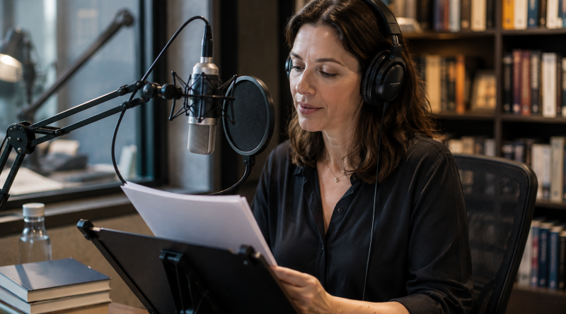 Professional audiobook narrator recording audiobook narration in a studio