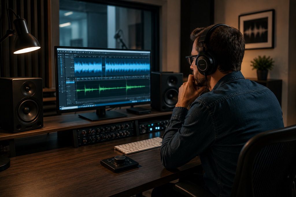 Audio producer reviewing voice content during editing session