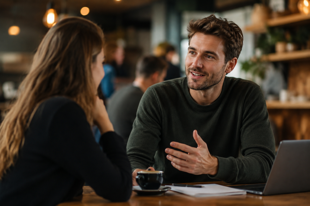 Two people having a natural conversation in a café, representing authentic communication and conversational voiceover.