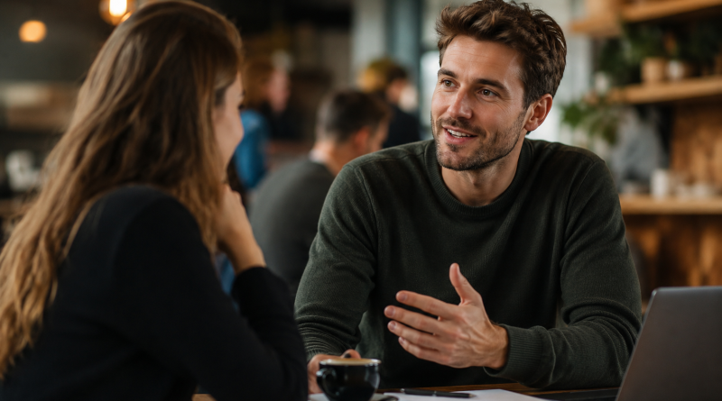 Two people having a natural conversation in a café, representing authentic communication and conversational voiceover.