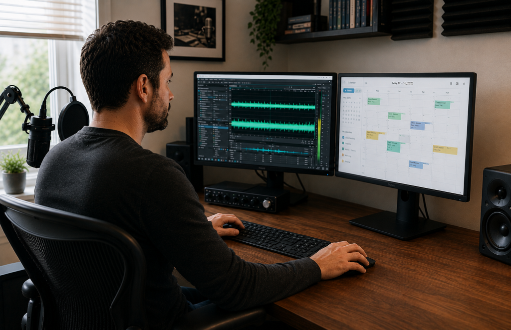Professional voice actor managing recording projects and audio production in a modern home studio.