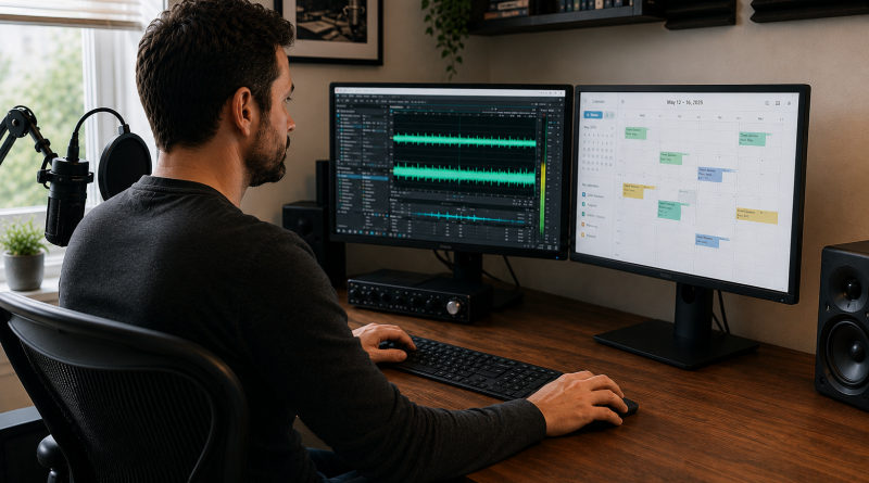 Professional voice actor managing recording projects and audio production in a modern home studio.