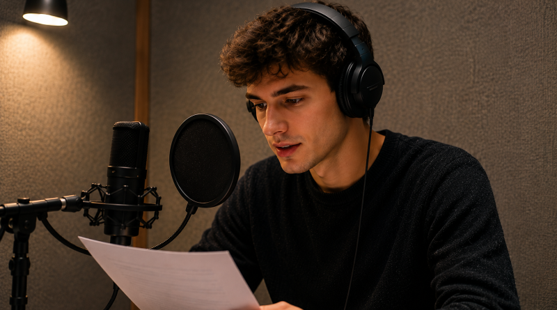 Aspiring voice actor recording in a home studio booth while learning voice over fundamentals