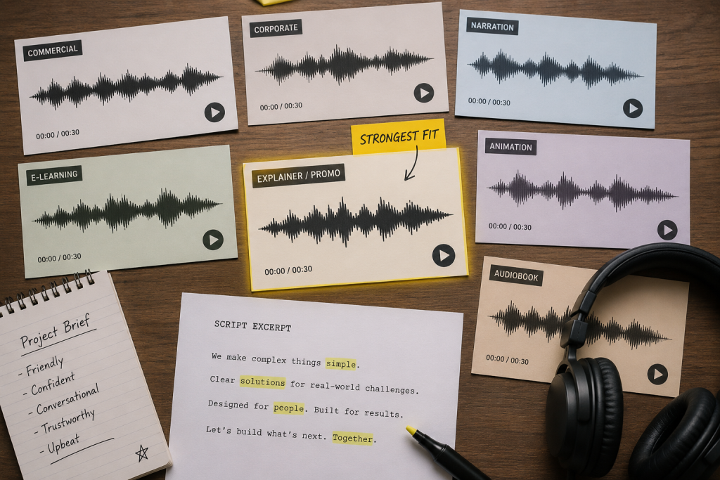 Editorial illustration showing multiple voice demo recordings being reviewed.
