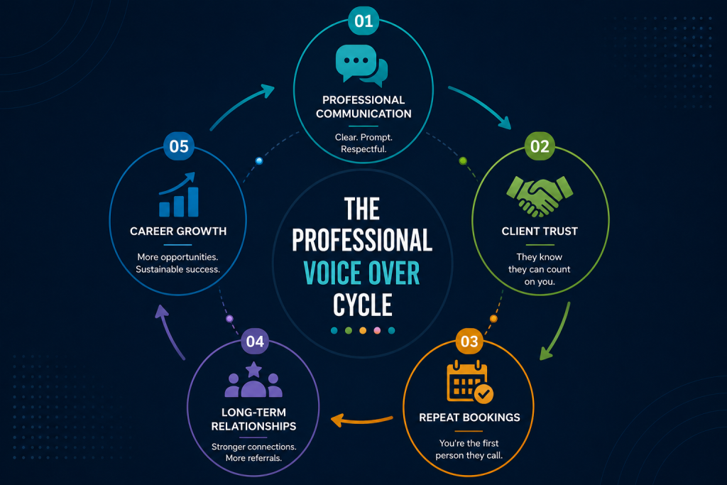 Infographic showing how professional communication leads to client trust, repeat bookings, long-term relationships, and career growth in voiceover.