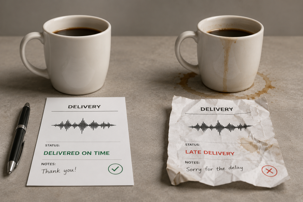 Editorial illustration comparing two client experiences to represent professionalism and reliability in voiceover work