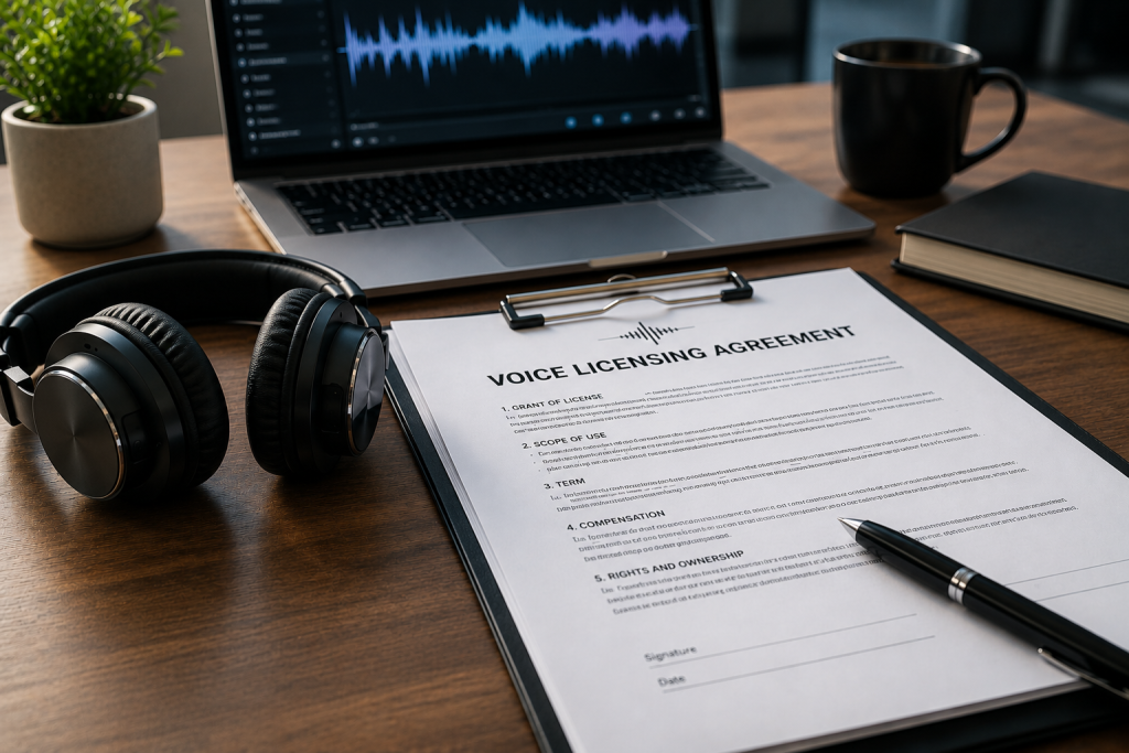 Voice licensing agreement document with studio headphones and audio editing software on a professional workspace.
