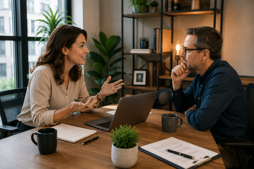 Producer and voice actor discussing a project in a professional office setting