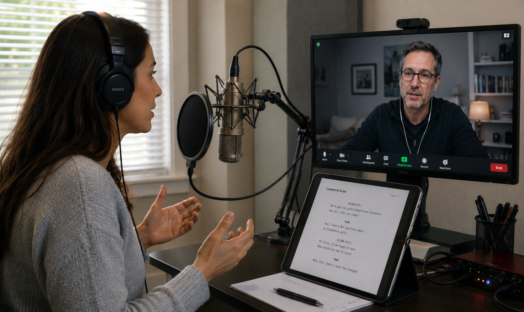 Voice actor participating in a live directed recording session with a remote client.