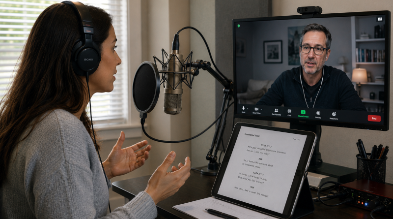 Voice actor participating in a live directed recording session with a remote client.