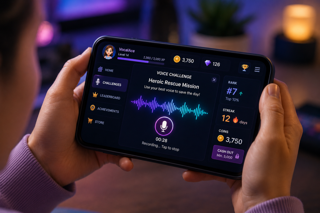 Person using a gamified voice recording app on a smartphone with recording challenges and reward system.