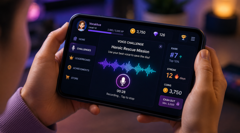 Person using a gamified voice recording app on a smartphone with recording challenges and reward system.