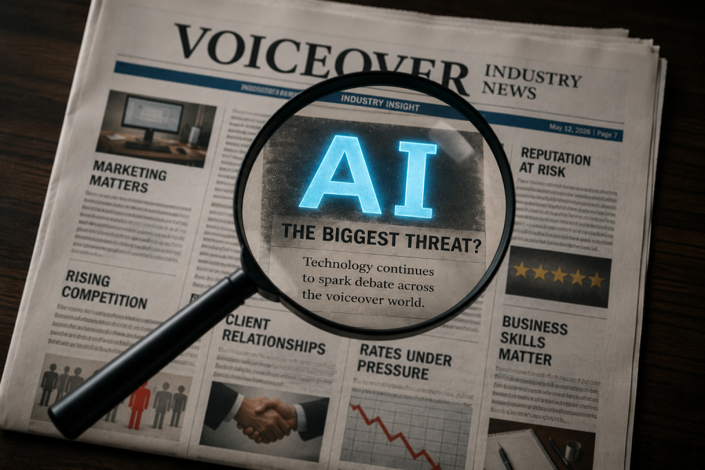 Newspaper highlighting AI as the biggest threat while other voiceover industry challenges remain in the background