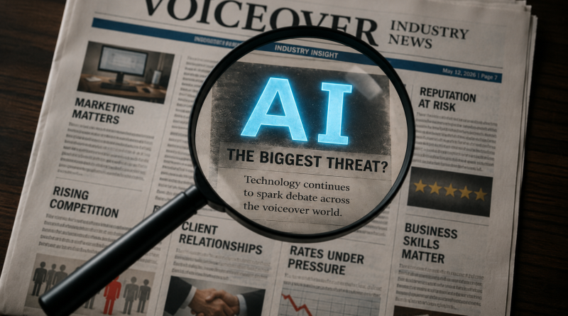 Newspaper highlighting AI as the biggest threat while other voiceover industry challenges remain in the background