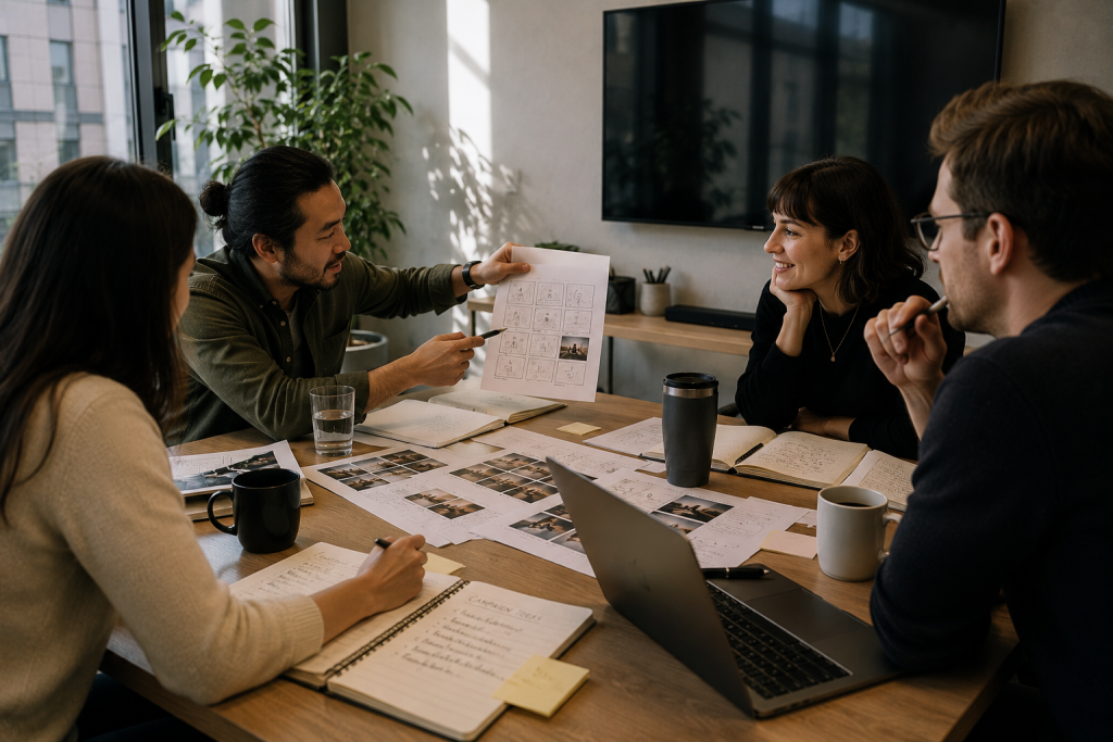 Creative team discussing a marketing campaign during a project planning meeting.