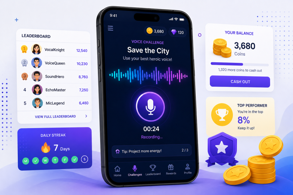 Illustration showing a gamified voice recording platform with challenges, leaderboards, rewards and cash-out progress.