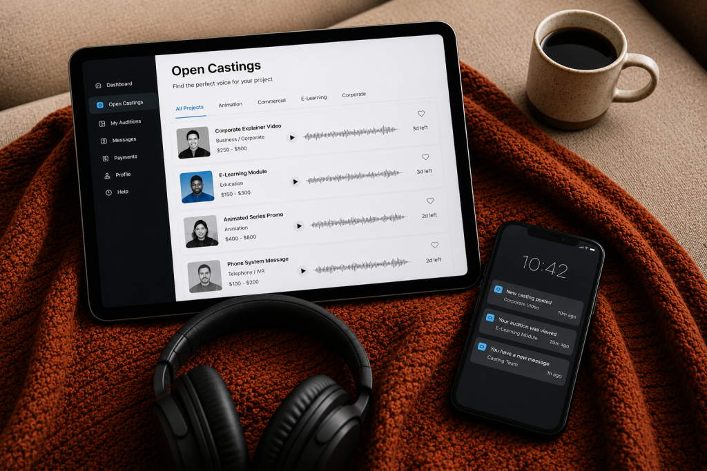 Tablet displaying an online casting platform alongside headphones, smartphone, and coffee in a relaxed remote working environment
