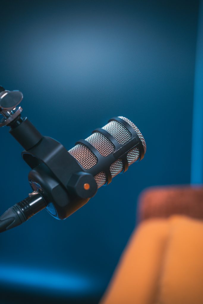 Professional microphone in a recording studio for voice acting