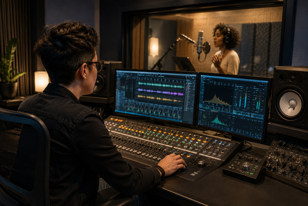 Voice actor recording a professional demo with an audio producer in a studio