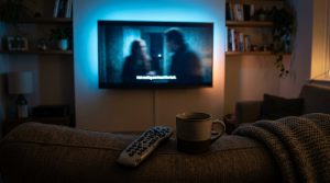A living room at night with a television paused on a streaming series, two blurred figures on screen and a line of subtitles, a remote and a mug on the sofa arm