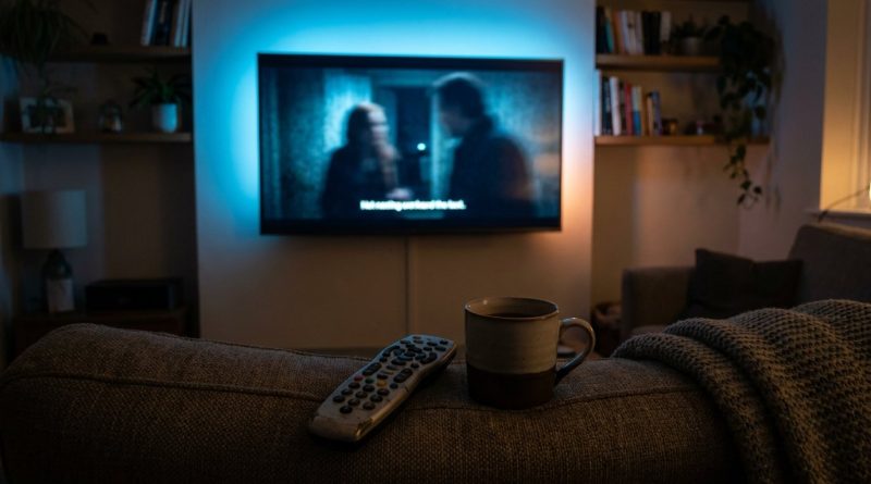A living room at night with a television paused on a streaming series, two blurred figures on screen and a line of subtitles, a remote and a mug on the sofa arm