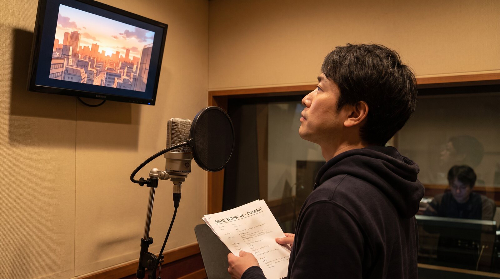 Un actor de voz japonés sostiene un guion frente a un micrófono de estudio y mira un monitor con el horizonte animado de una ciudad al atardecer. © The Voice Realm