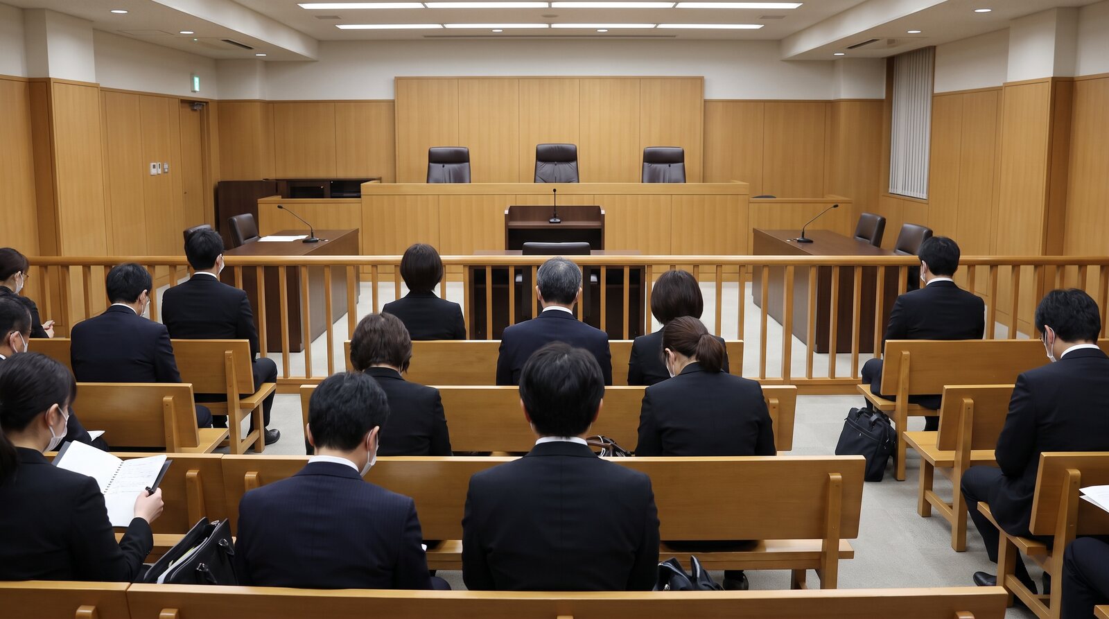 La galería del público de una sala judicial japonesa, con personas de traje oscuro en bancos de madera frente a un estrado vacío con tres sillas de jueces. © The Voice Realm