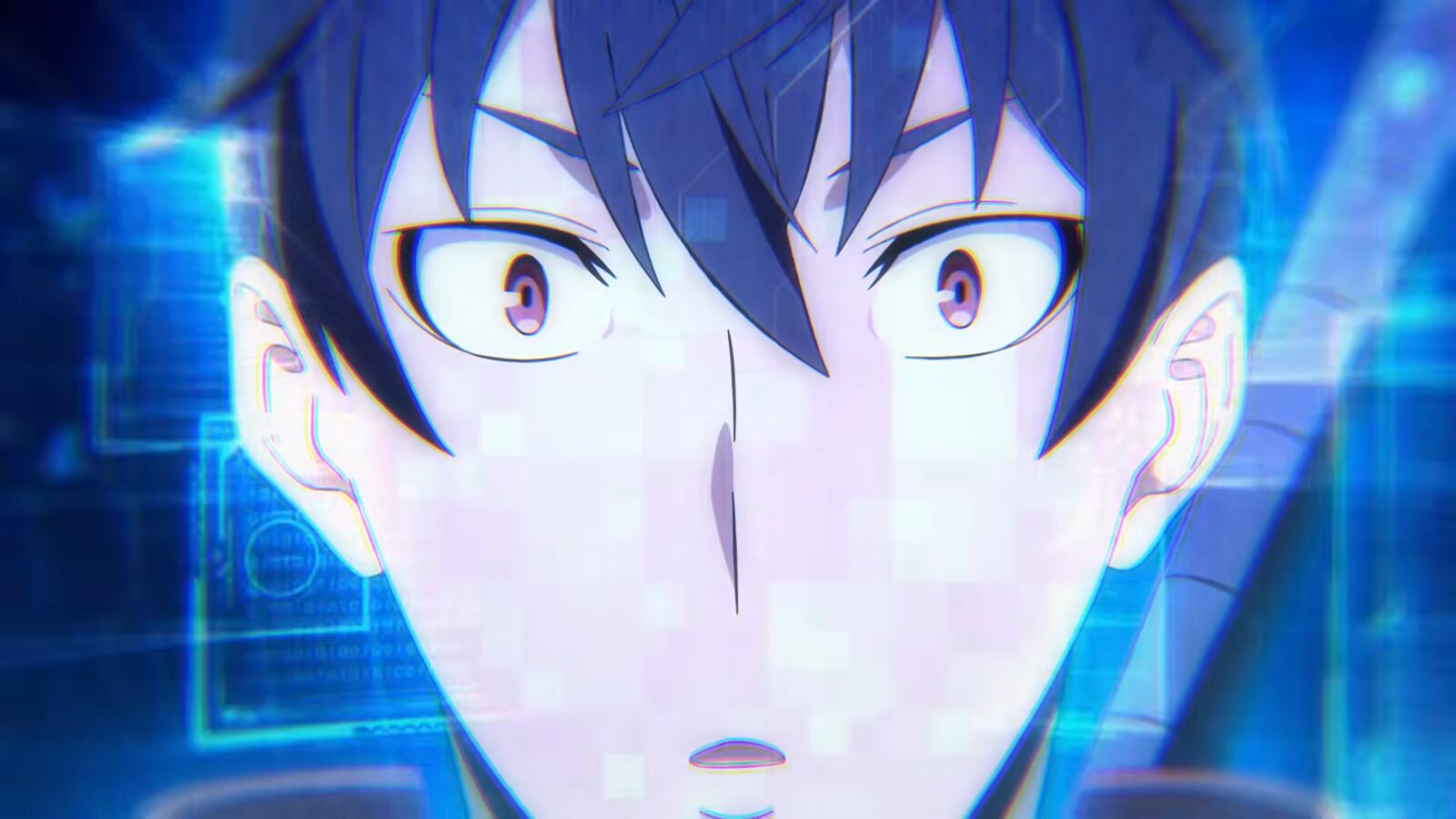 Imagen del anime Overgeared: primer plano de Grid con los ojos muy abiertos, iluminado por la luz azul de una interfaz de juego. Imagen: Crunchyroll, ©TEMPAL Animation Partners