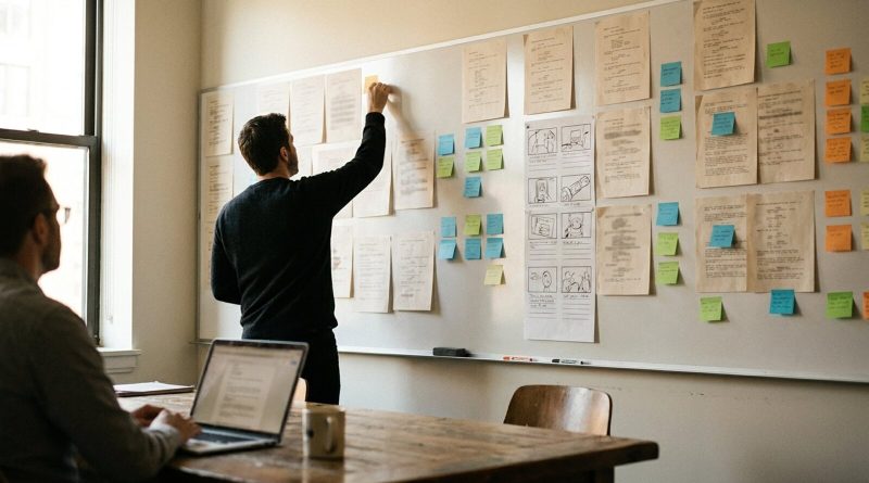 Sala de revisión de una agencia de publicidad: una pared de guiones impresos, storyboards y notas adhesivas de colores, una persona mueve una nota y otra trabaja en una laptop