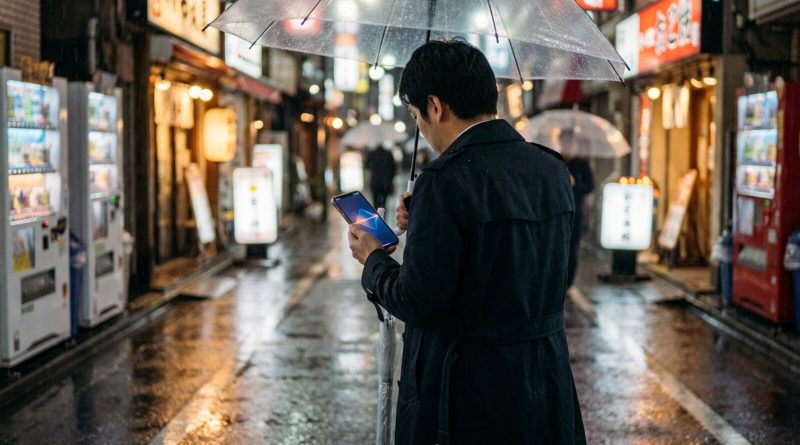 A man in a dark coat under a clear umbrella on a rainy Tokyo side street at night, looking at a phone screen showing a glowing sound wave