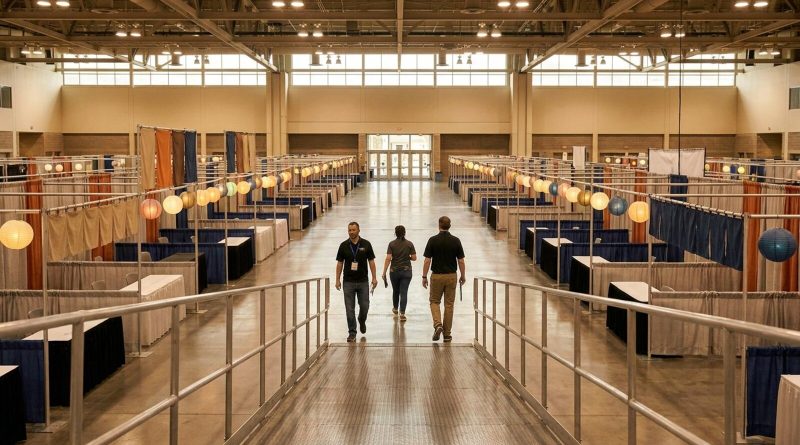Un gran salón de convenciones antes de abrir, con filas de puestos vacíos decorados con faroles de papel y tres miembros del personal caminando por el pasillo