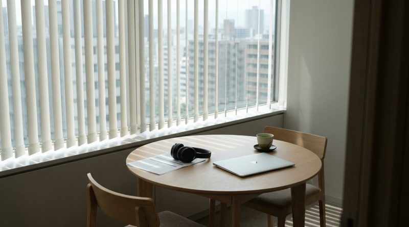 Un rincón de consulta tranquilo en una oficina de gran altura por la mañana, con una mesa redonda de madera, dos sillas, audífonos sobre un formulario, una laptop y una taza de té verde junto a una ventana con persianas verticales