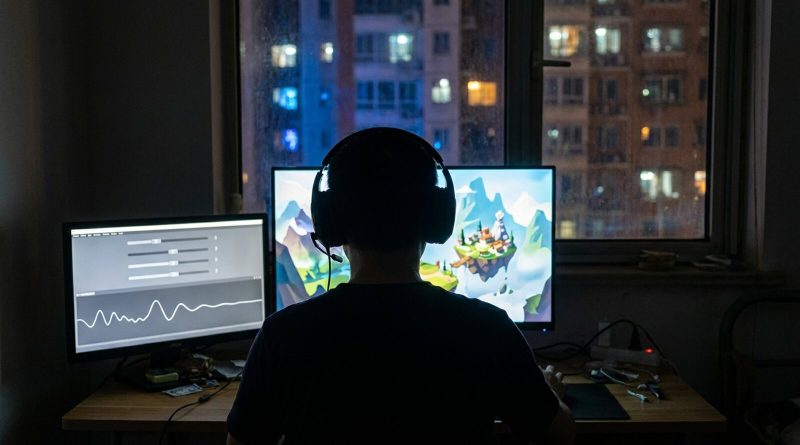 A gamer seen from behind at night in a city apartment, wearing a headset in front of a fantasy game on one monitor and a voice changer with sliders and a waveform on another