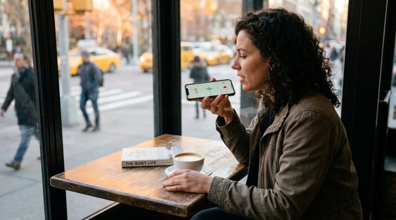 Una mujer en la mesa junto a la ventana de un café graba una nota de voz corta en su teléfono, con el contador en diez segundos y una calle con taxis amarillos detrás. Imagen compuesta: The Voice Realm