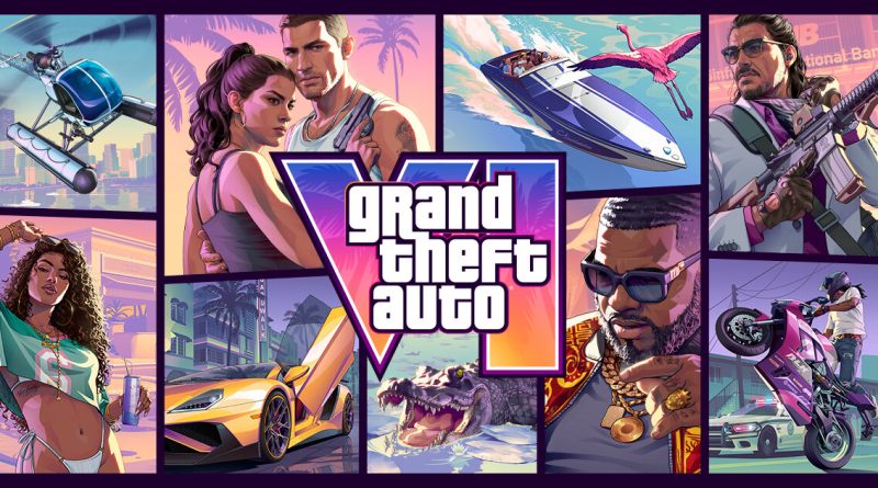 Official Grand Theft Auto VI key art showing Lucia and Jason, a speedboat, a flamingo, an alligator and other characters around the game logo. Image: Rockstar Games