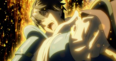Overgeared anime still: Grid in silver armor cries out as golden sparks rain down behind him. Image: Crunchyroll, ©TEMPAL Animation Partners