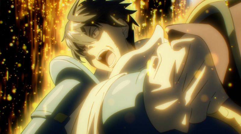 Imagen del anime Overgeared: Grid, con armadura plateada, grita mientras caen chispas doradas detrás de él. Imagen: Crunchyroll, ©TEMPAL Animation Partners