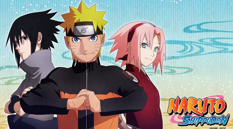 Official Naruto Shippuden key art from Crunchyroll showing Naruto, Sasuke and Sakura against a pale blue background with the series logo