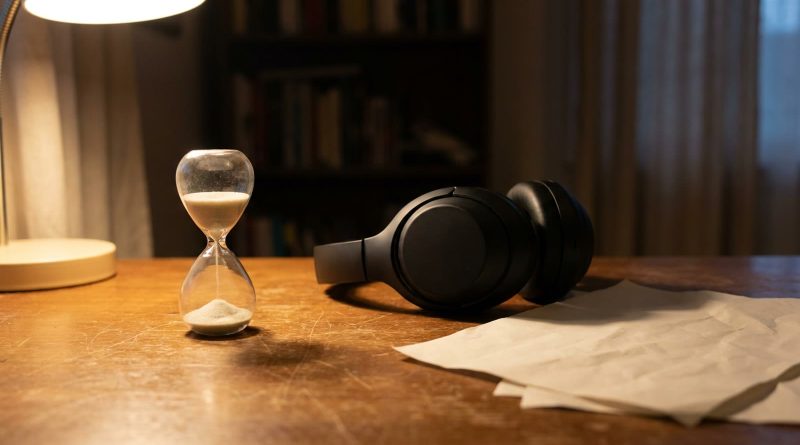 A small hourglass with sand running on a wooden desk beside plain black headphones and a few loose sheets of paper, lit by a warm desk lamp