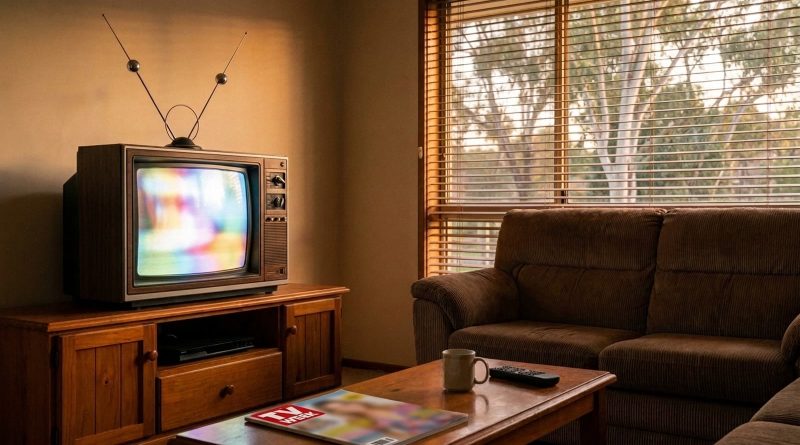 A 1990s Australian lounge room with a CRT television, a corduroy couch and a TV Week magazine on the coffee table