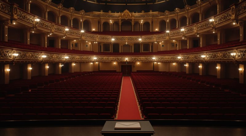 An empty awards theatre before the ceremony, seen from the stage: rows of red velvet seats, a red centre aisle, gilded balconies lit by house lights, and a closed envelope on the lectern