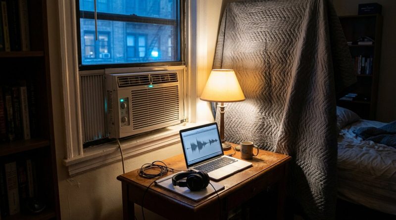 A small apartment bedroom at night set up for recording, a window air conditioner above a desk with a laptop showing a waveform, headphones and a grey moving blanket on the wall