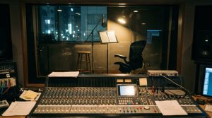 A Tokyo recording studio seen from the control room: a mixing desk in the foreground and, through the glass, an empty booth with a stool, a music stand holding script pages and a reading lamp left on