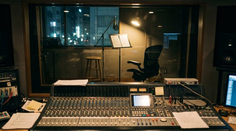 A Tokyo recording studio seen from the control room: a mixing desk in the foreground and, through the glass, an empty booth with a stool, a music stand holding script pages and a reading lamp left on