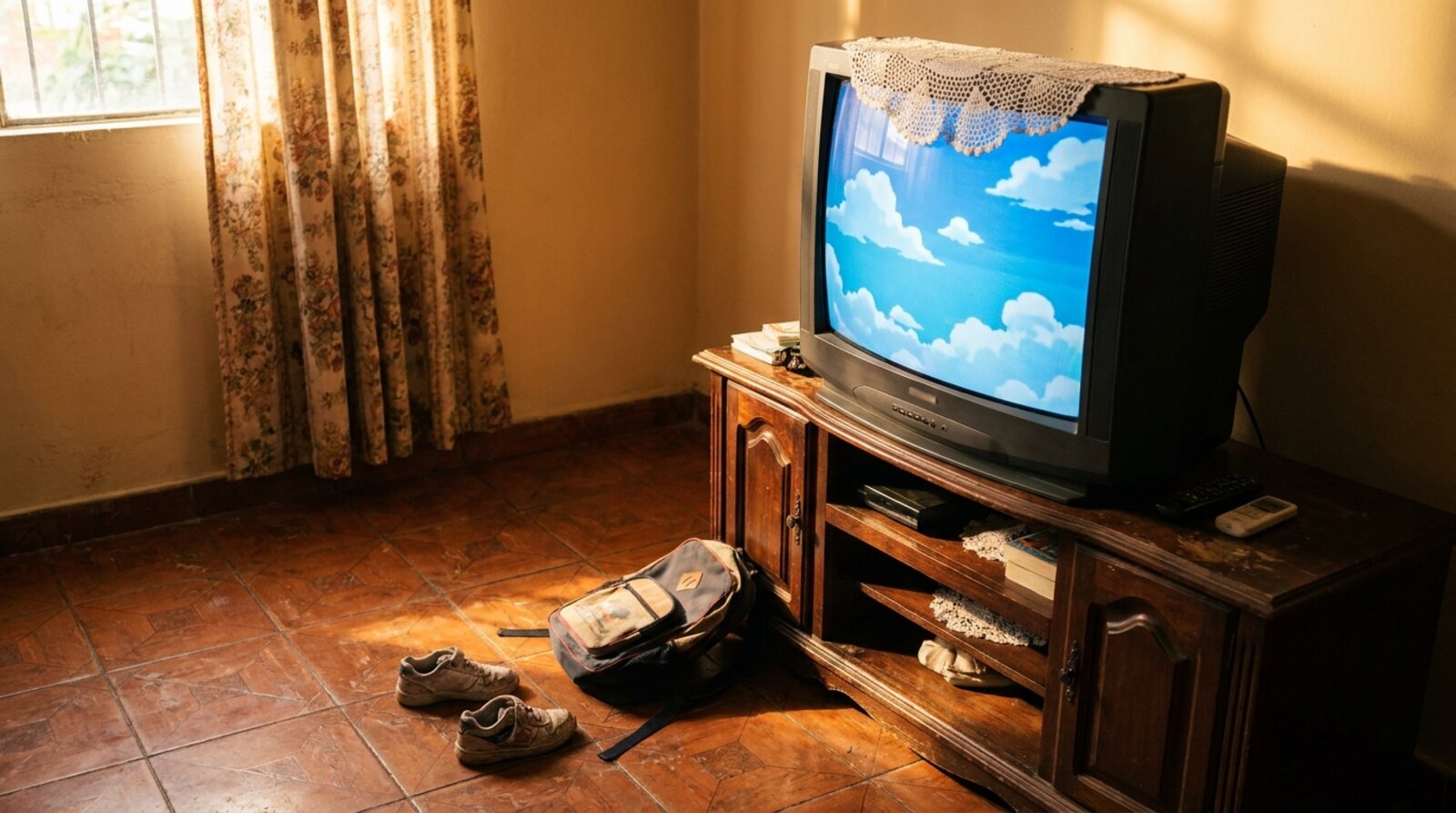 A 1990s family living room in afternoon light, with a boxy television showing a blue cartoon sky, kids' sneakers and a school backpack on a tiled floor