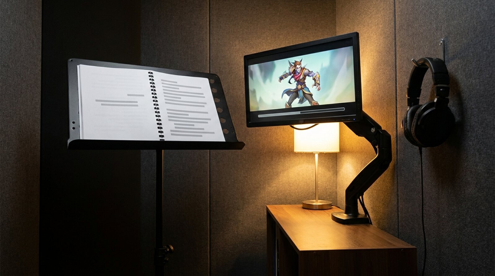 An empty game dubbing booth with a script on a music stand, a monitor showing an animated fantasy character and headphones hanging on the wall