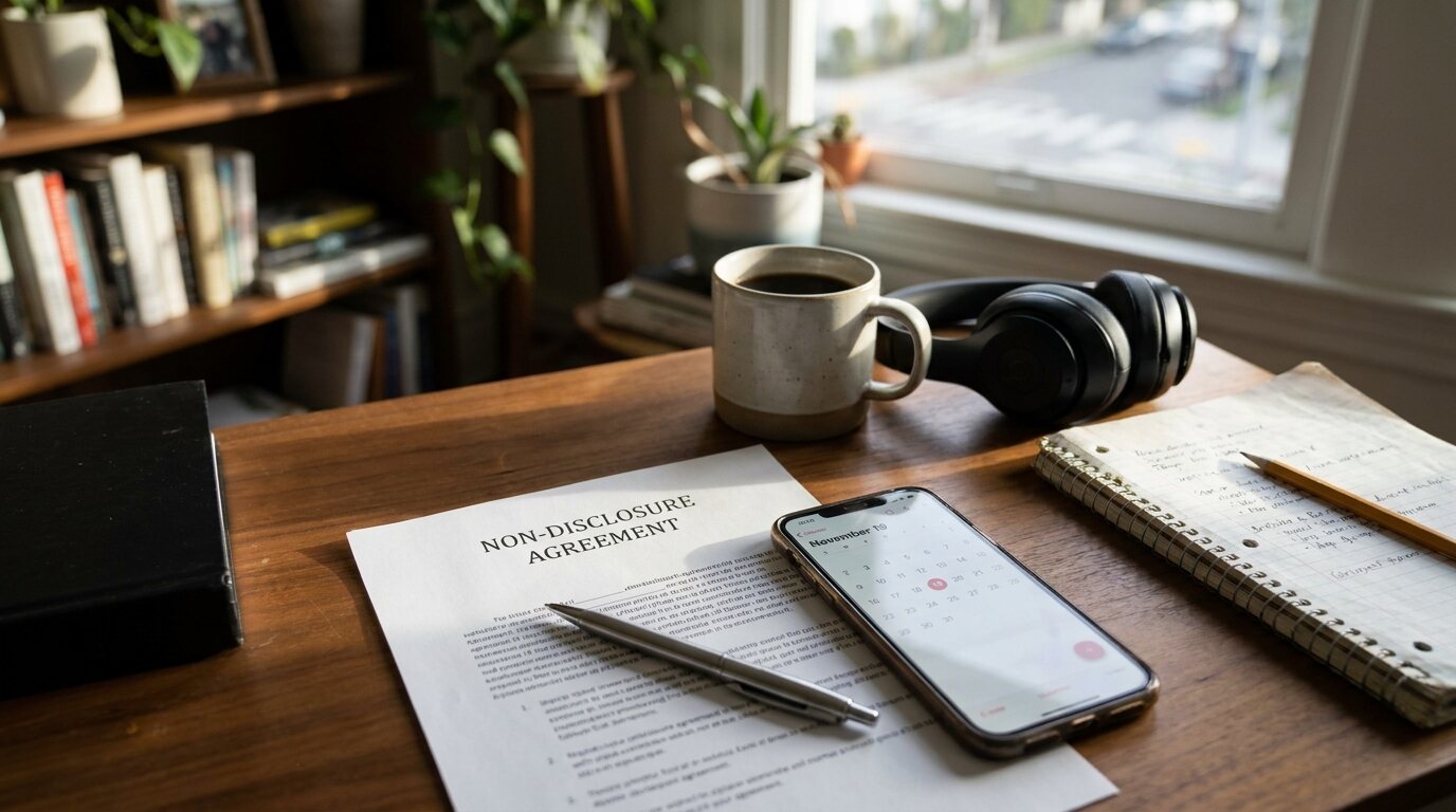 Un escritorio en casa junto a una ventana con un acuerdo de confidencialidad impreso y un bolígrafo, un calendario en el teléfono con el 19 de noviembre marcado, una taza de café, audífonos y una libreta. Ilustración: The Voice Realm