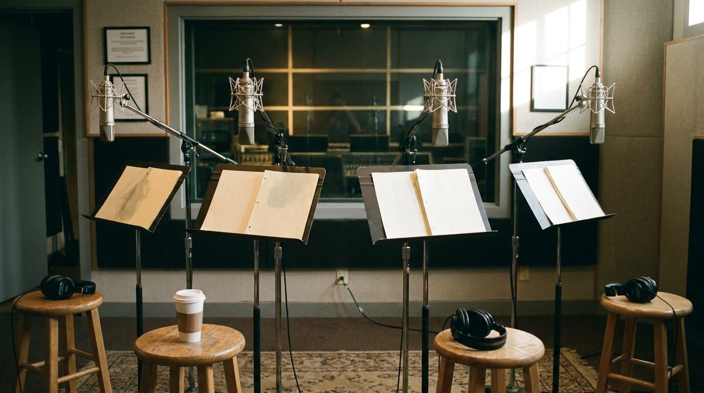 An empty group recording room with four microphones, four music stands with scripts, headphones on wooden stools and a coffee cup, facing the control room window. © The Voice Realm